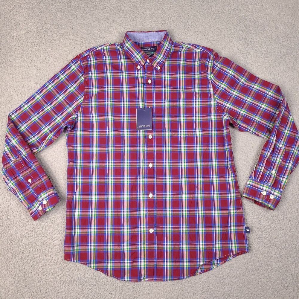 Crown & Ivy Shirt Mens Medium Plaid Motion Flex‎ Button Down Long Sleeve